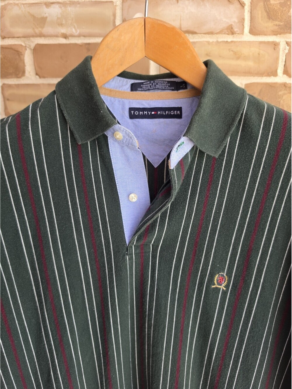 Vintage Y2K Tommy Hilfiger Crest Polo Shirt Men's L Green Striped 100% Cotton